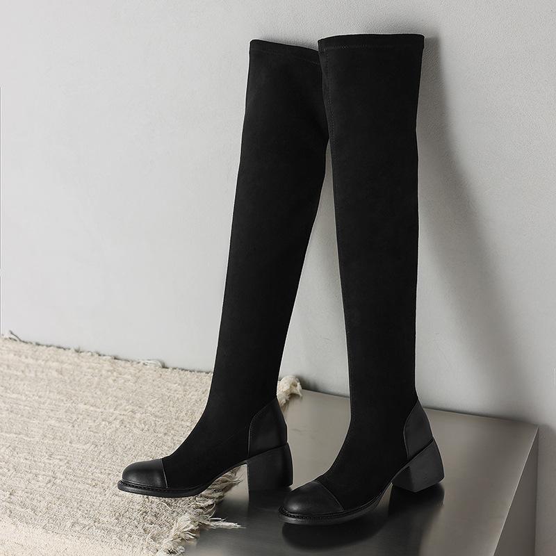 Elastic Splicing Suede Over Knee Boots Sexy Pantless Show Boots Thick High Heel Boots 33-43 Large Size Boots