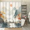 1pc Chinese-style landscape shower curtain with red sun and birds, bathroom decor, includes hooks, home accessory