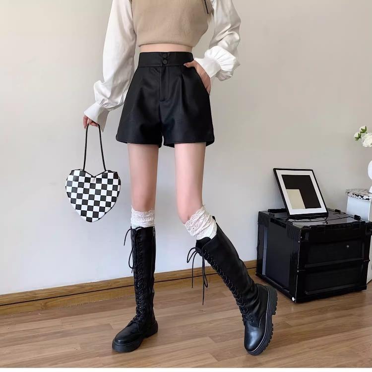 Women's Fall Outer Wear High Waisted Slimming Loose Wide Leg PU Leather Shorts Ins Trendy Mini Shorts Versatile Slim Fit Hot Pants