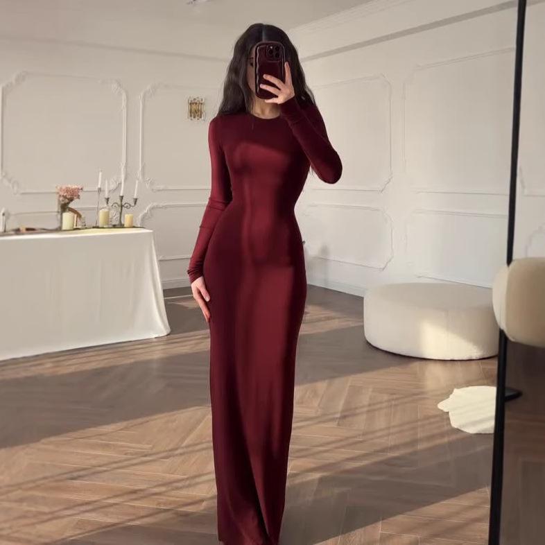 2025 European & American Fitted Long-Sleeve Crew Neck Dress - Autumn Solid Color Women's Fashion