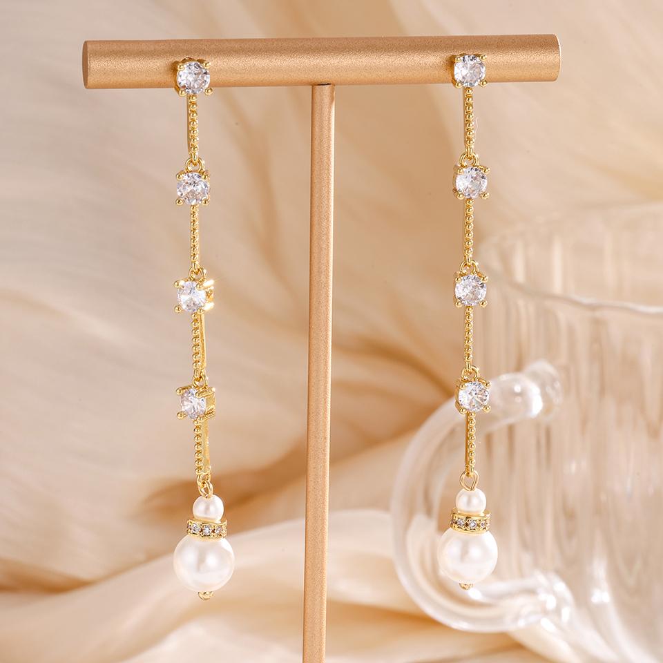 ZAKOL Exquisite Shiny Zircon Round Zircon Long Earrings High-quality Sliver Gold Color Bridal Earring Zircon Gift