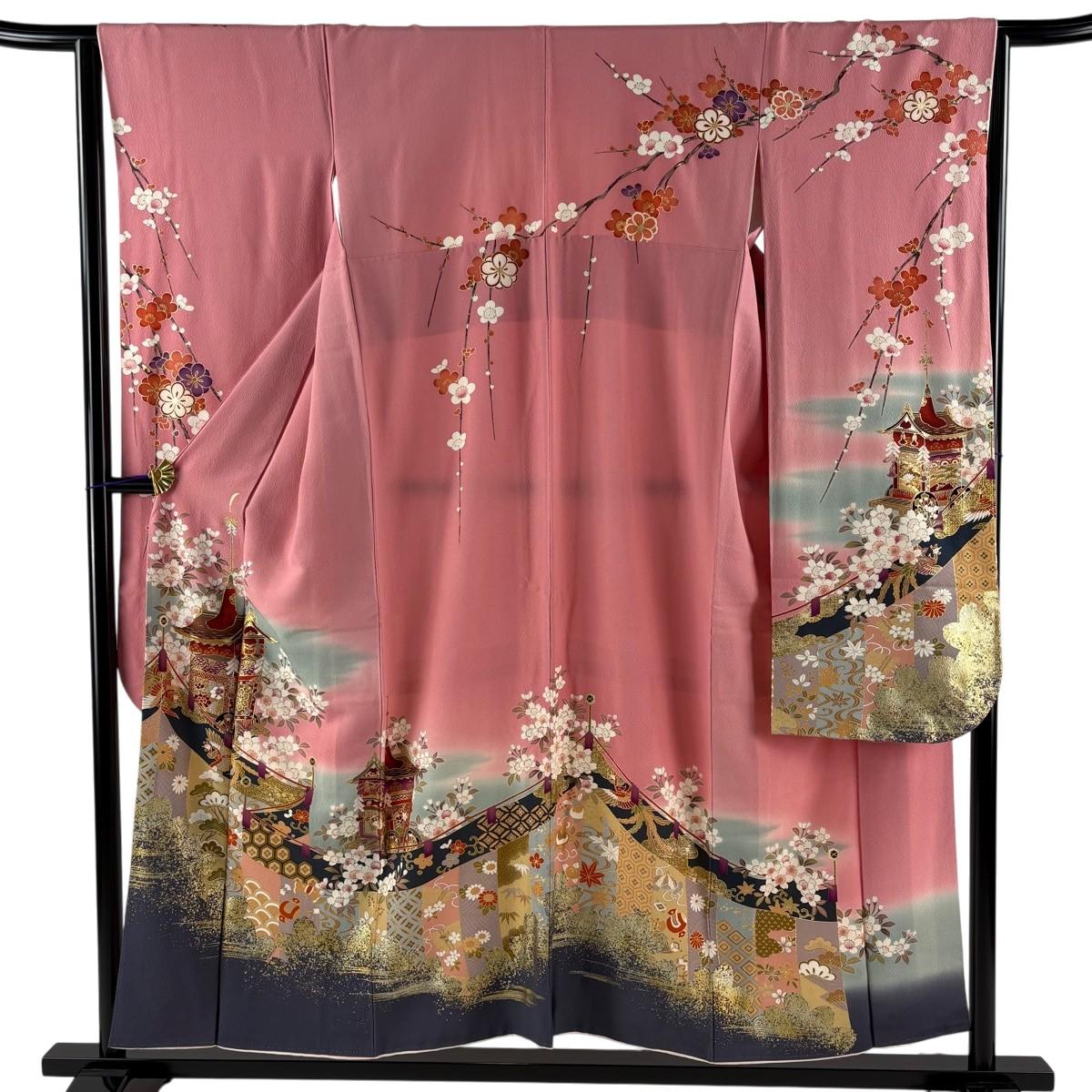 

[Good condition] Furisode, length 154.5cm, sleeve length 63.5cm, S sleeve, yamahoko, curtain, gold thread, gold color, pink, pure silk, excellent