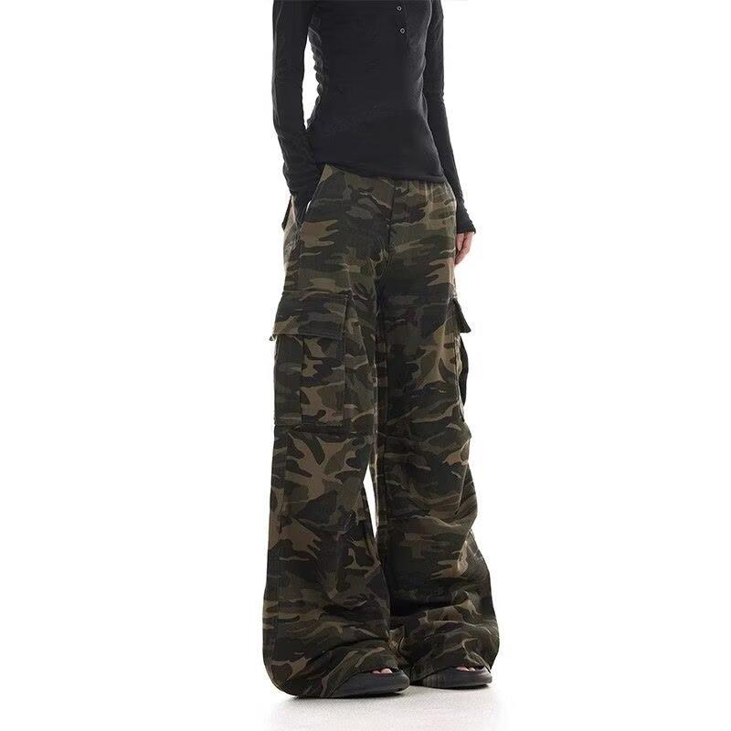 Pantalones Cargo Camuflaje Americano Retro Unisex - Holgados, de Pierna Ancha, Diseño Multibolsillo