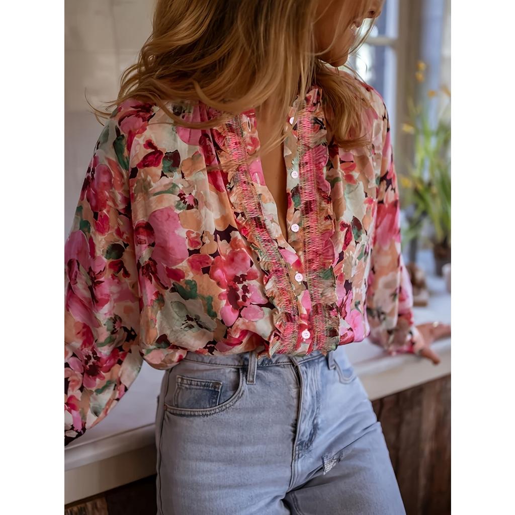Summer Loose Lazy Style Printed Round Neck Blouse, Korean Style Casual Literary Shirt for Women, European American Crossbody Fashion Top