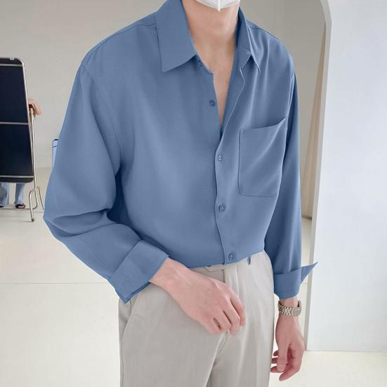 Lapel Long Sleeve Single-breasted Patch Pocket Draped Men Shirt Slim Fit Solid Color Business Dress Shirt Top