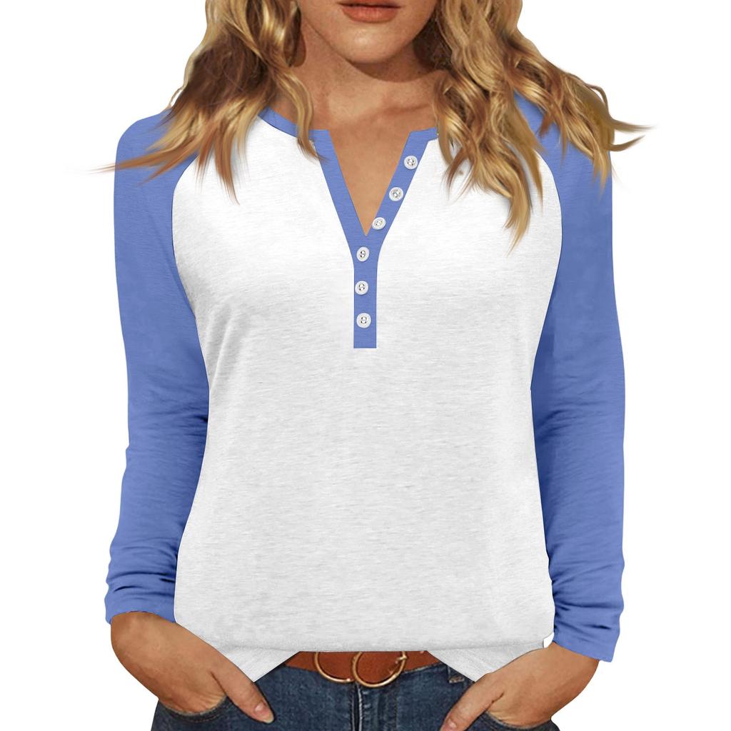 Women's T Shirt Color Block Button Long Sleeve Daily Weekend Fashion Basic V- Neck Regular Top