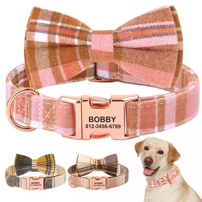 Personalized Nylon Dog Collar Plaid Dog Collars With Bowknot Free Custom Pet Buckle Necklace For Small Medium Dogs Chihuahua Pug