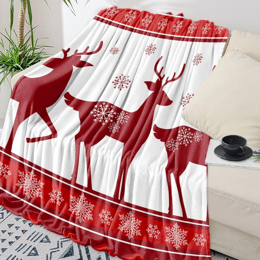 Christmas Snowflake Elk Plaid Throw Blanket for Sofa Christmas Decoration Bedspread Portable Microfiber Flannel Blanket