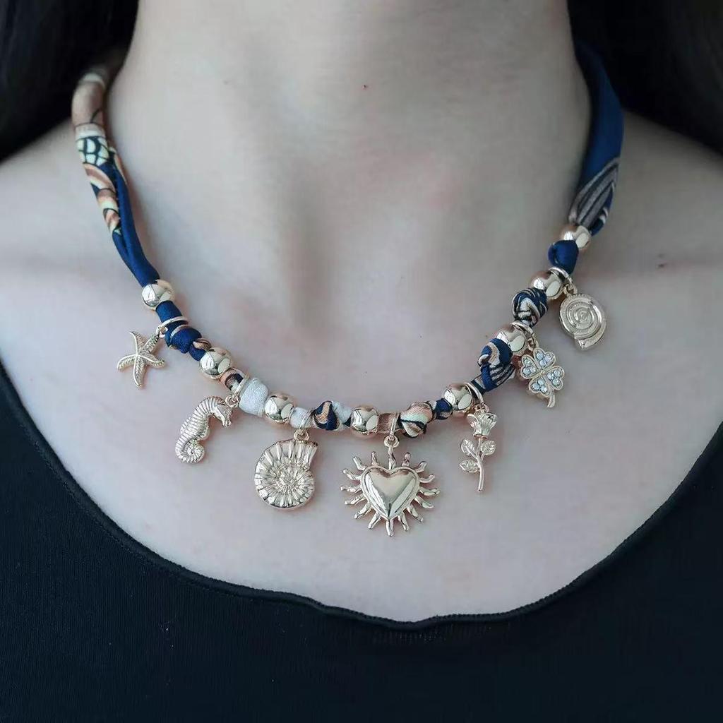 European & American Style Dopamine Color Silk Scarf Necklace with Christmas Bow and Multi-Pendant.