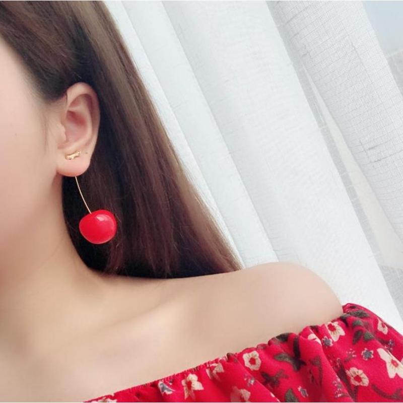 1Pc Pair Cute Sweet Simulation Red Cherry Gold Color Fruit Stud Earrings for Women Girl Gift