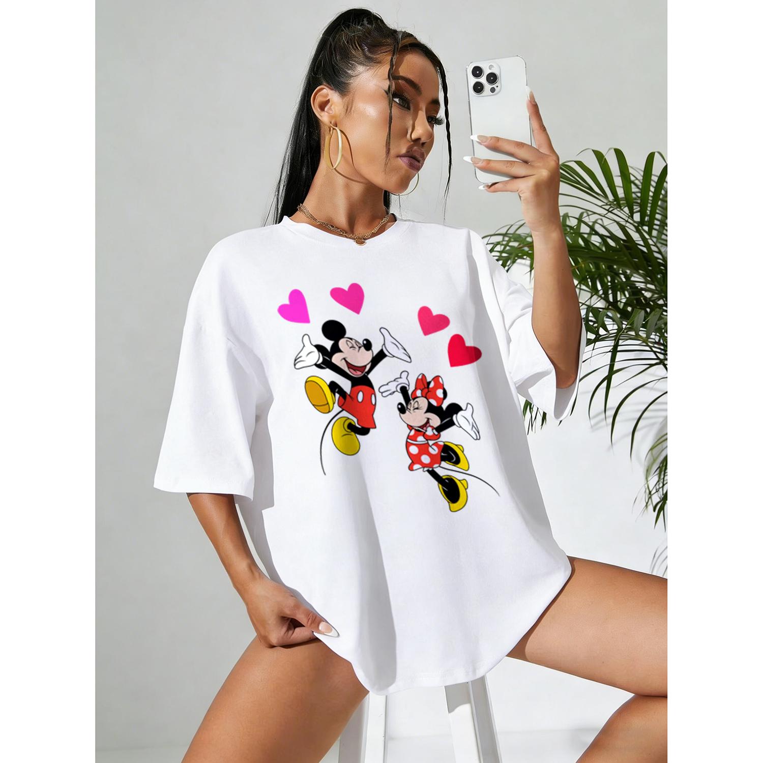 

202526 Summer Mickey Mouse Cartoon Pattern Printed Tshirt Fashion Comfortable Breathable Womens Clothing S