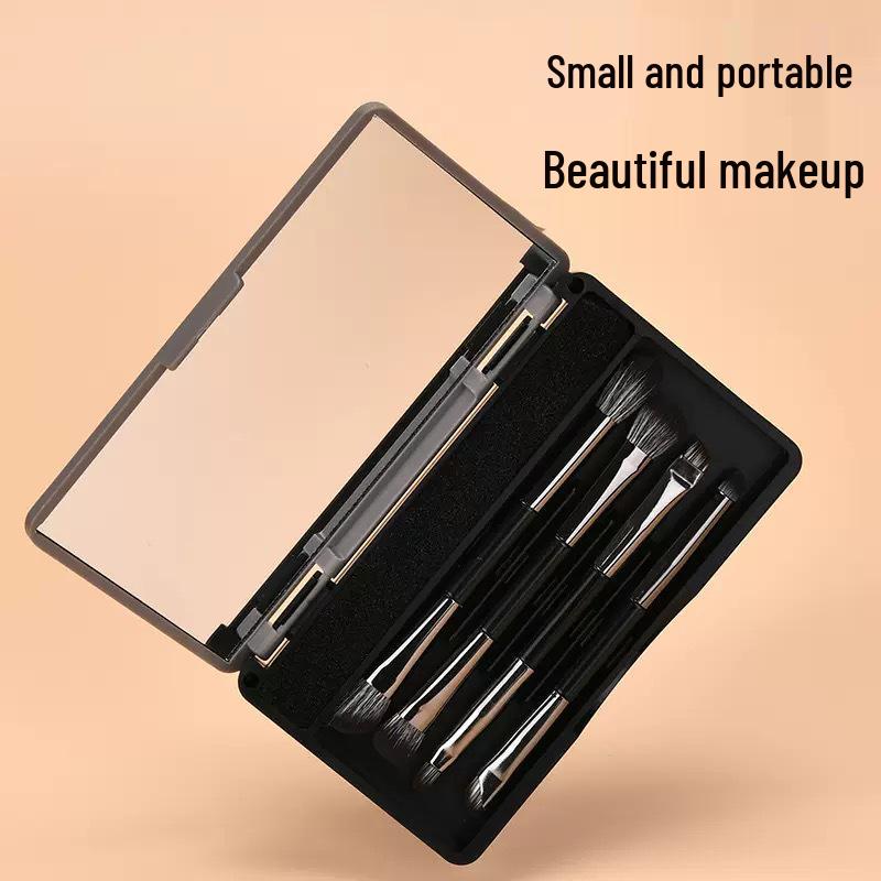 Little Sparrow 5-Piece Portable Double-Ended Eyeshadow Brush Set with Case & Mirror - Multifunctional Beauty Tools