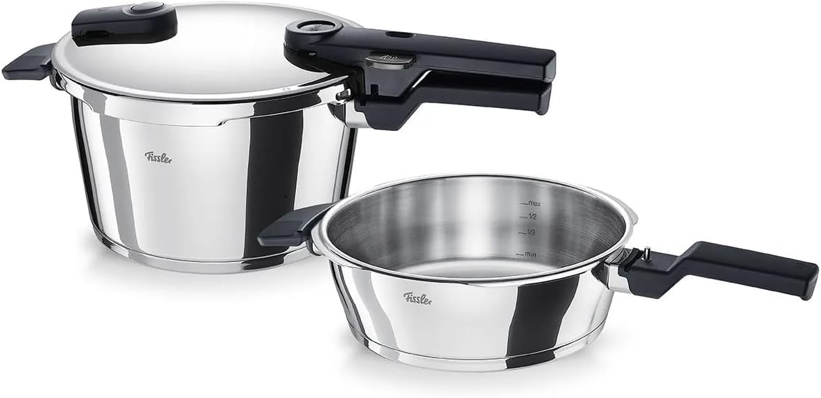 

Fissler Pressure Cooker Vitaquik Set Skillet Gas IH Compatible for 3 to 4 People Pressure Cooker 2 Level Pressure Settings Made in Germany Stainless срібний
