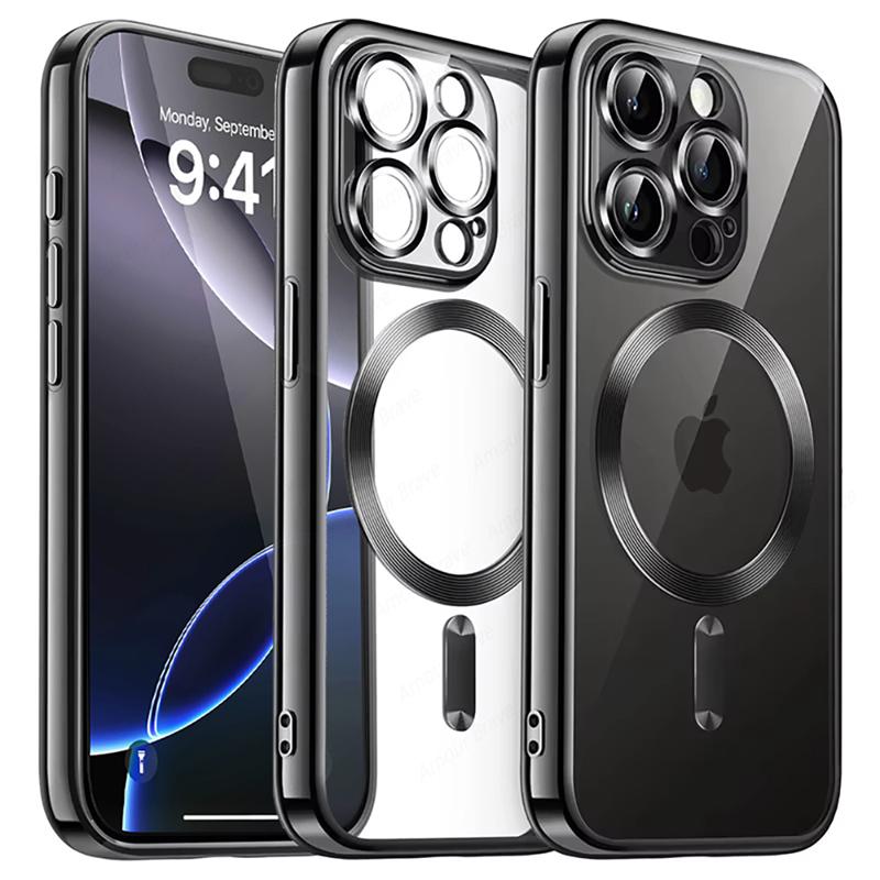 

Luxury Plating Clear Phone Case For iPhone 16 15 14 13 12 11 Pro Max 16 Plus For Magsafe Wireless Charging Cover Magnetic Cases iPhone 14 Pro Max