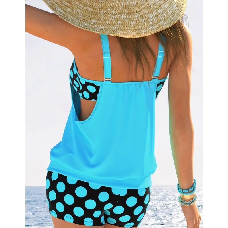 Women's Light Blue Polka Dot Tankini Set Racerback Two Piece Modest Swimsuit with Shorts