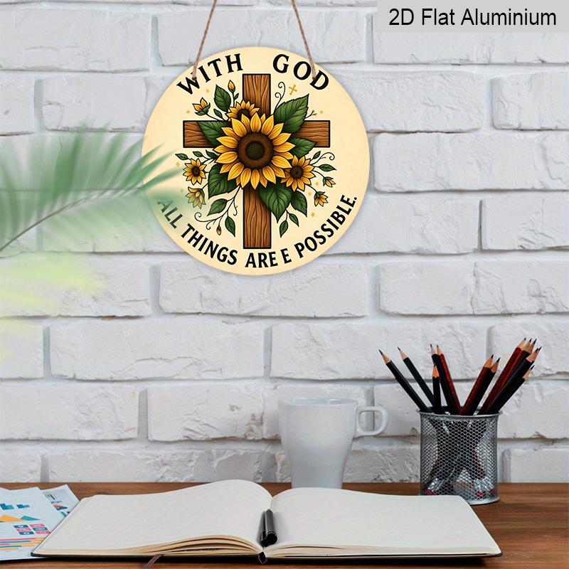 2D Flat, 1pc Interesting Vintage Round Aluminum Sign: Sunflower Cross Theme, Yard, Room, Office, Country Farm Decoration Garden Decoration Club