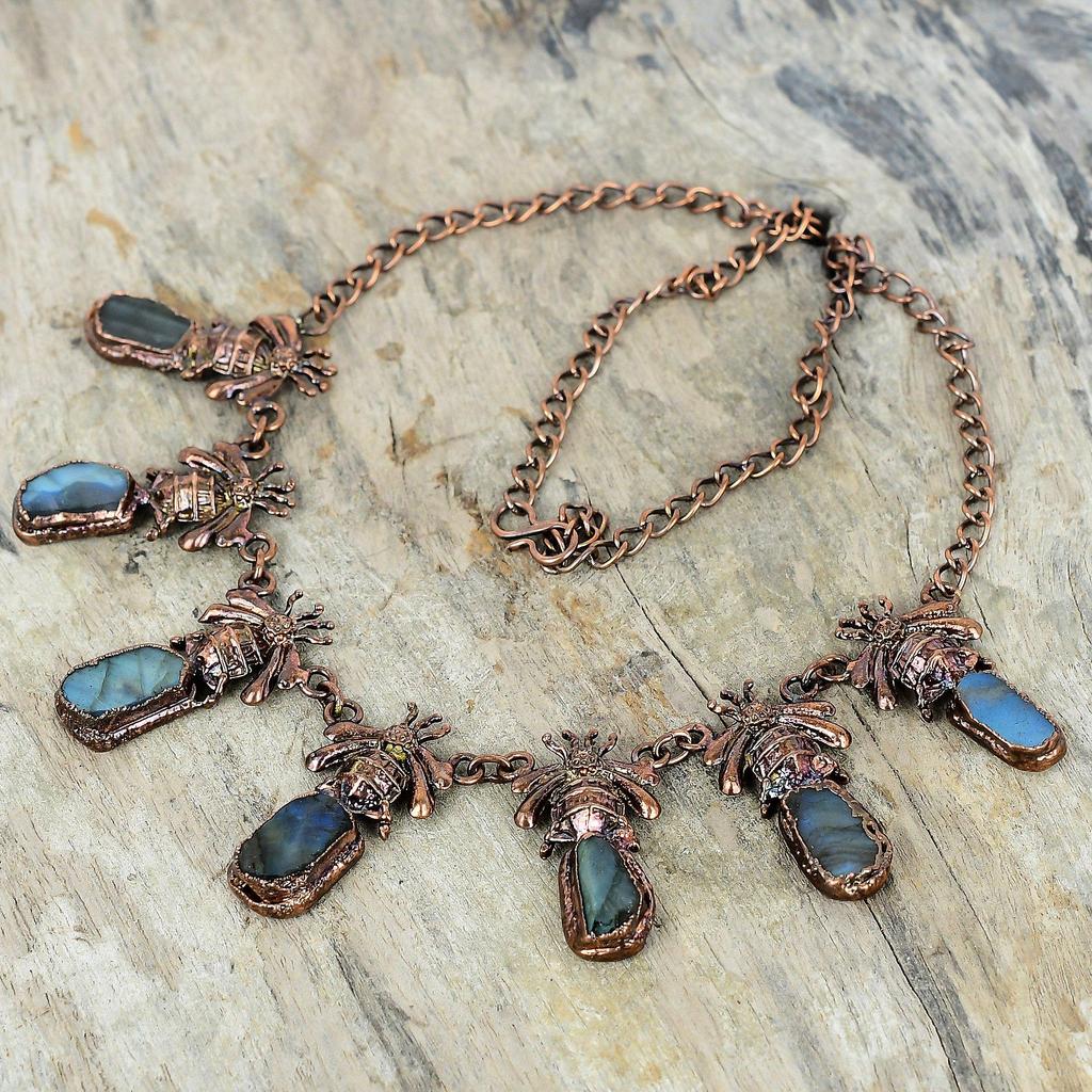 Labradorite Rough Gemstone Necklace Electroformed Copper Adjustable Chain Necklace Handmade Copper Jewelry Honey Bee Necklace Gifts for Mom
