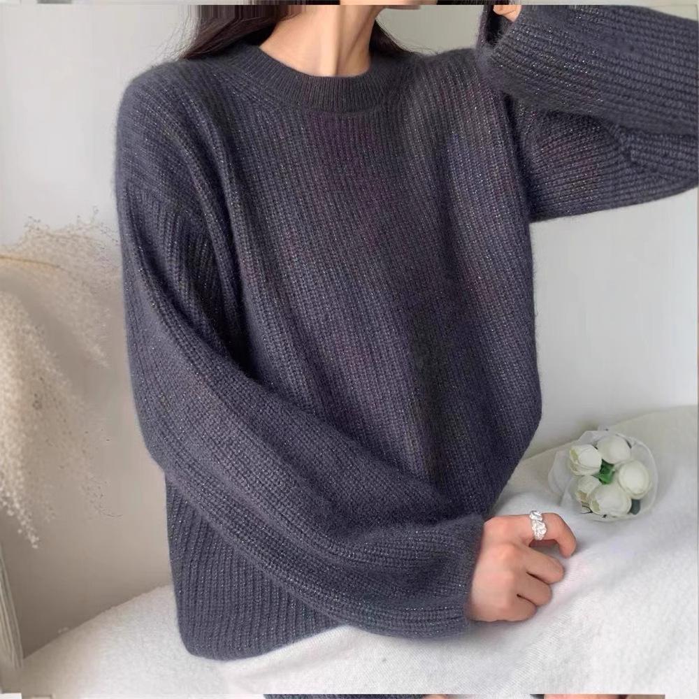 Women's European-Style Red Wool Pullover Sweater, Round Neck, Thickened & Loose, Versatile Base for Autumn/Winter '24.