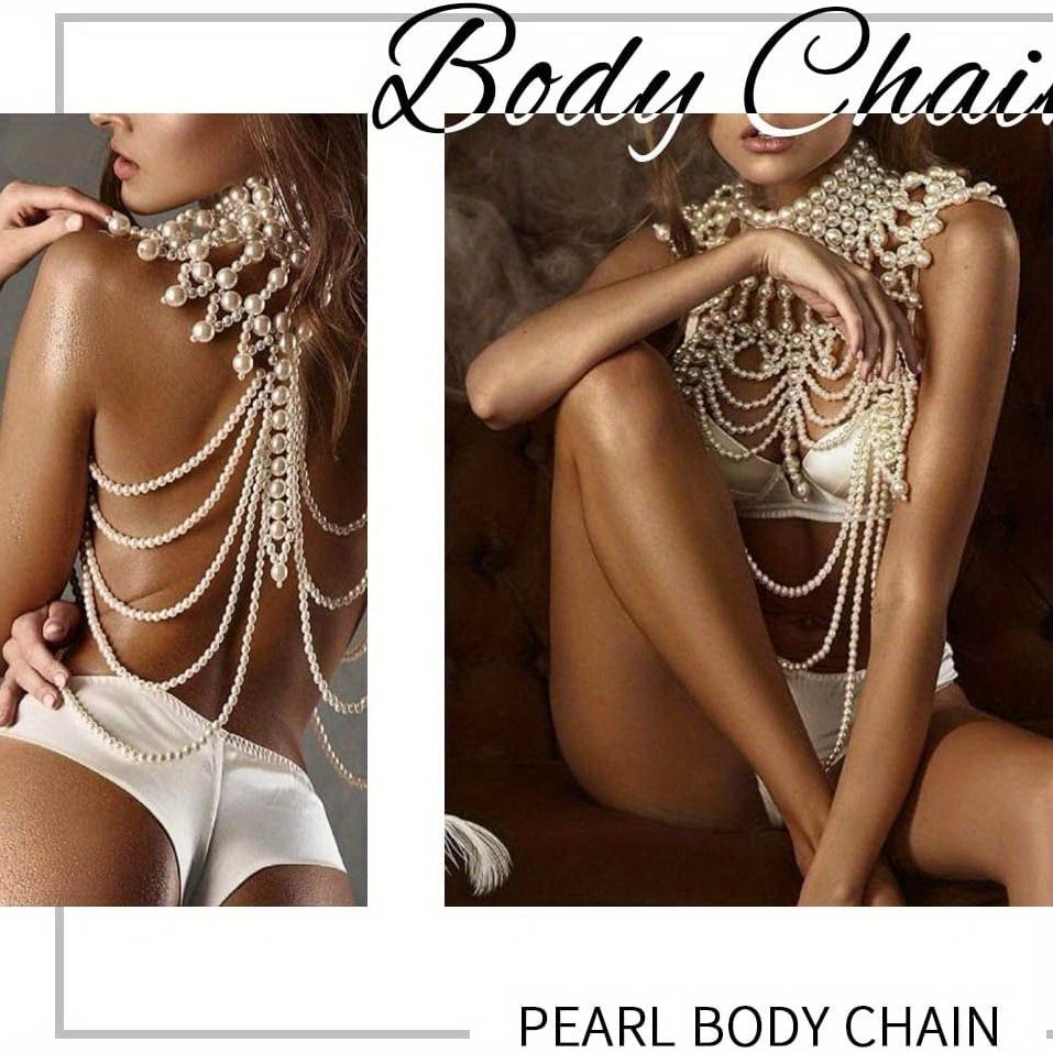 Handmade Faux Pearls Shawl Necklace Shoulder Chain Rave Body Chain Jewelry Festival Summer Beach Clothings Decoration