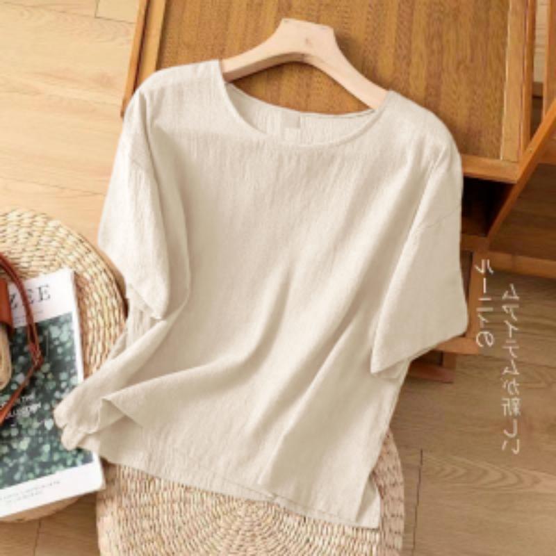 Women's Linen Oversized Short-Sleeve Top Loose Fit Solid Color Casual Blouse
