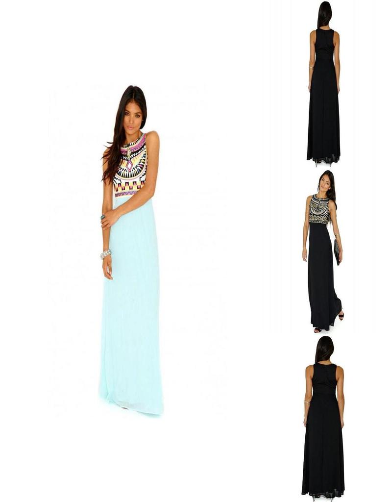 Elegant Women Round Neck Sleeveless Geometric Print Chiffon Dress Long Floor Length Stylish Casual Attire