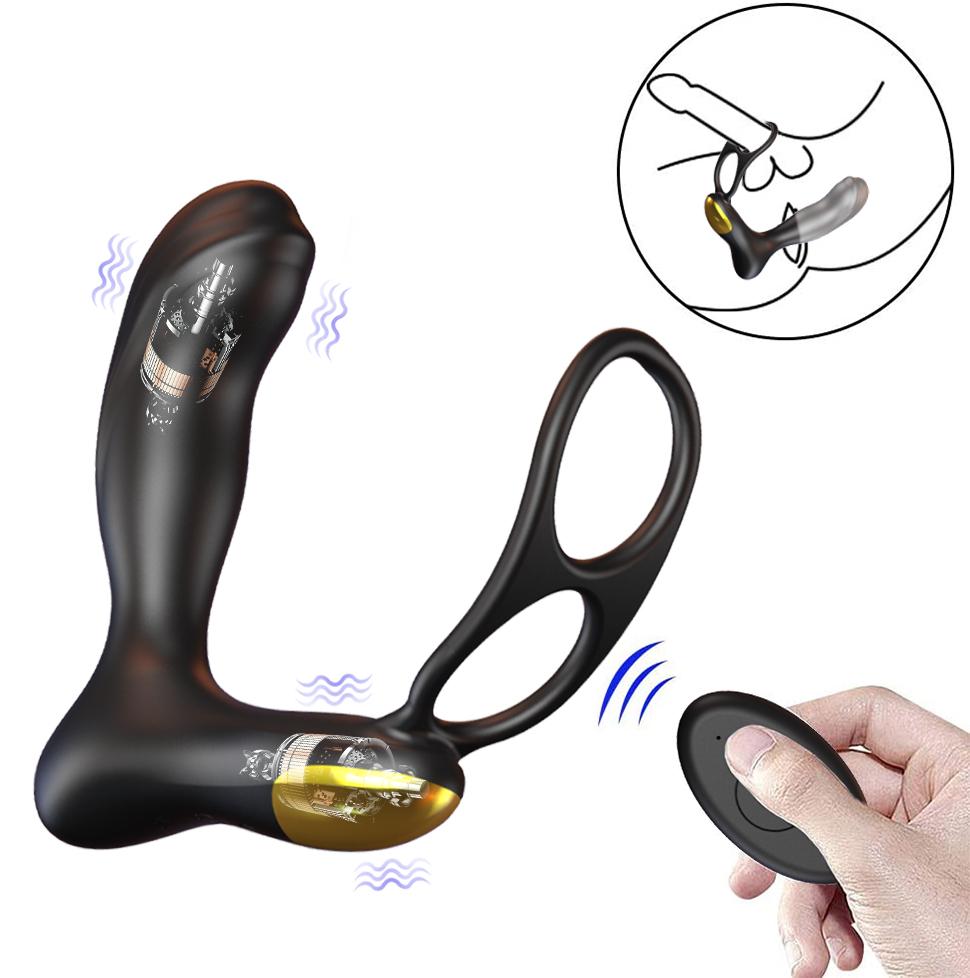 Vibrators with Dual Ring, Silicone Sex Toy Men with Dual Motors, 10 Vibration Modes and Remote Control, Butt Plug, Prostate Stimulator for Men