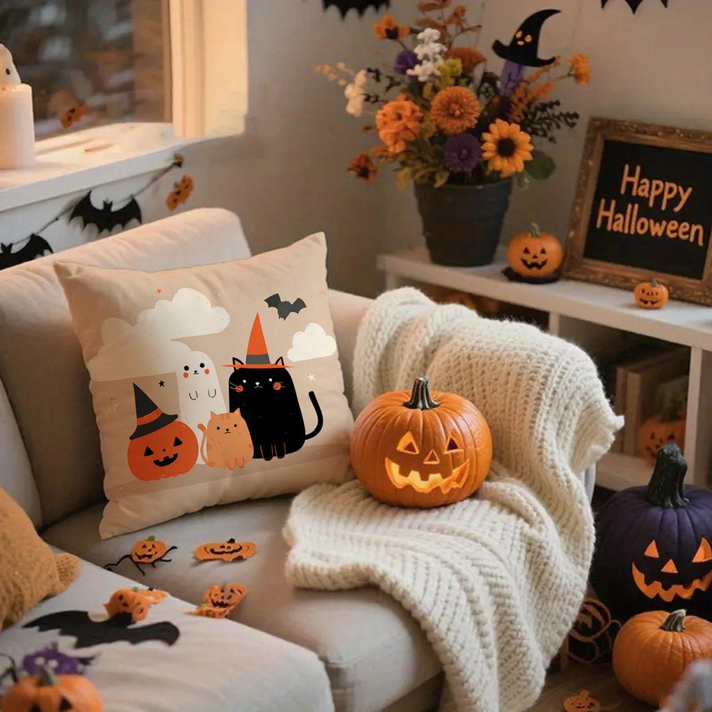 Halloween Cats and Witch Pattern PillowcaseSuitable for Sofa Car Bedroom Decorative Cushion Cover Pillow Cover