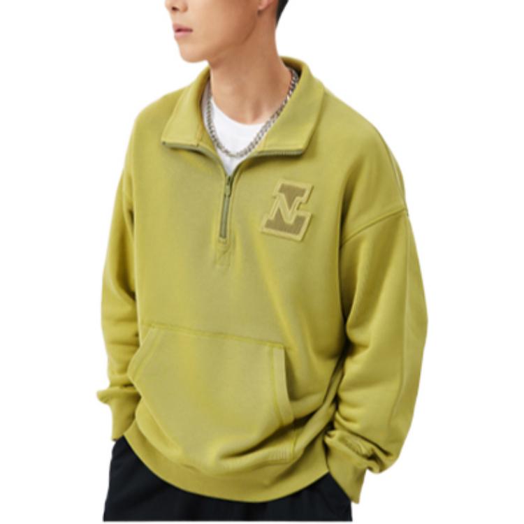 Li Ning Sports Lifestyle Series Solid Color Stand Collar Long Sleeve Pullover Sweatshirt Men Sweatshirt Long-Green-Branch AWDSA05-3