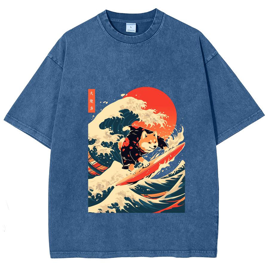 Japanischer Wind Wellen Sonnenuntergang Druck Baumwolle Waschung Denim T-Shirt Übergroß Unisex Halbarm Hohe Qualität Retro Top