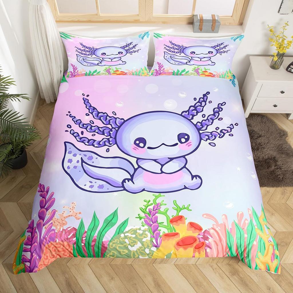 Cartoon Axolotl Bettbezug Queen Size, Sonnenblumen Bettwäscheset Niedliches Tier Botanisch Bettdeckenbezug Aquarell Gelb Steppdeckenbezug