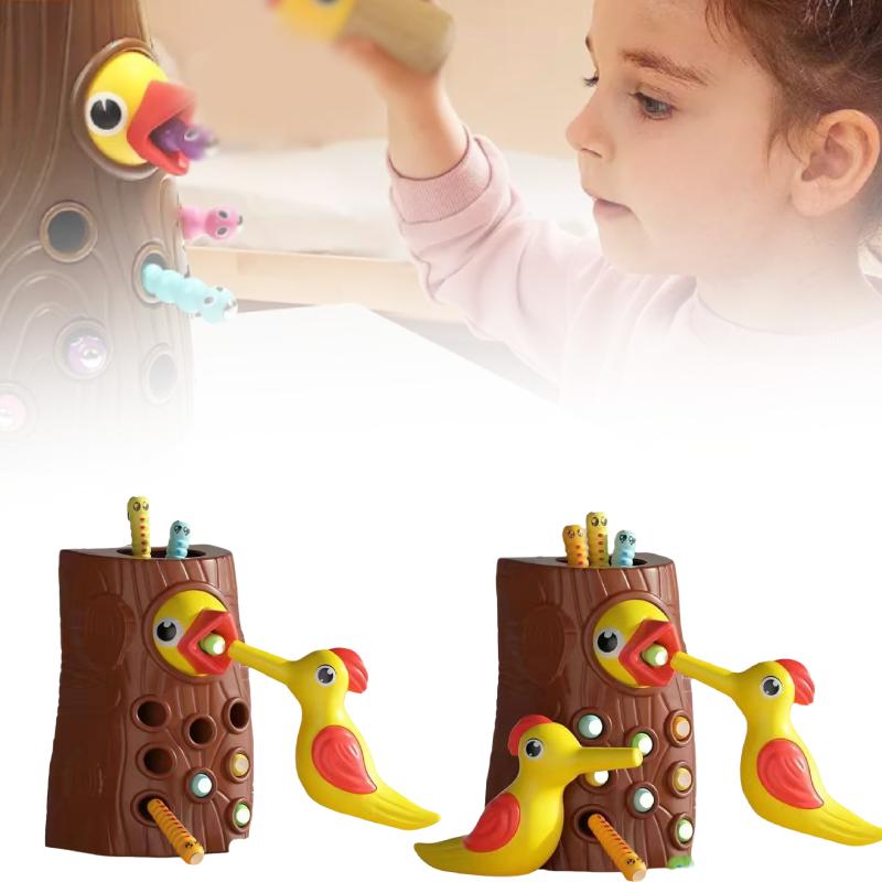 Baby Montessori Toddler Toy Magnetic Woodpecker Catching Worms Game Feeding