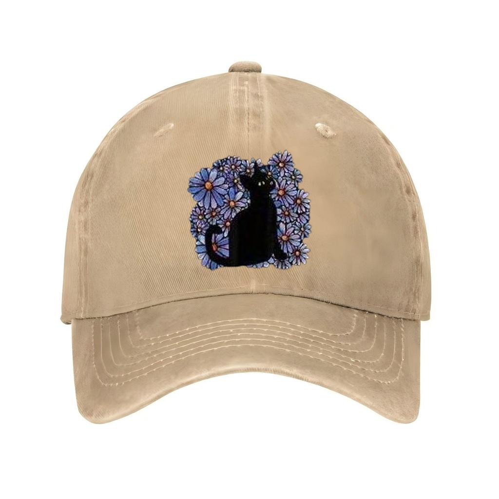 Black Cat Surrounded by Blue Floral Print Baseball Cap Casual Adjustable Polyester Summer Sun Hat Unisex