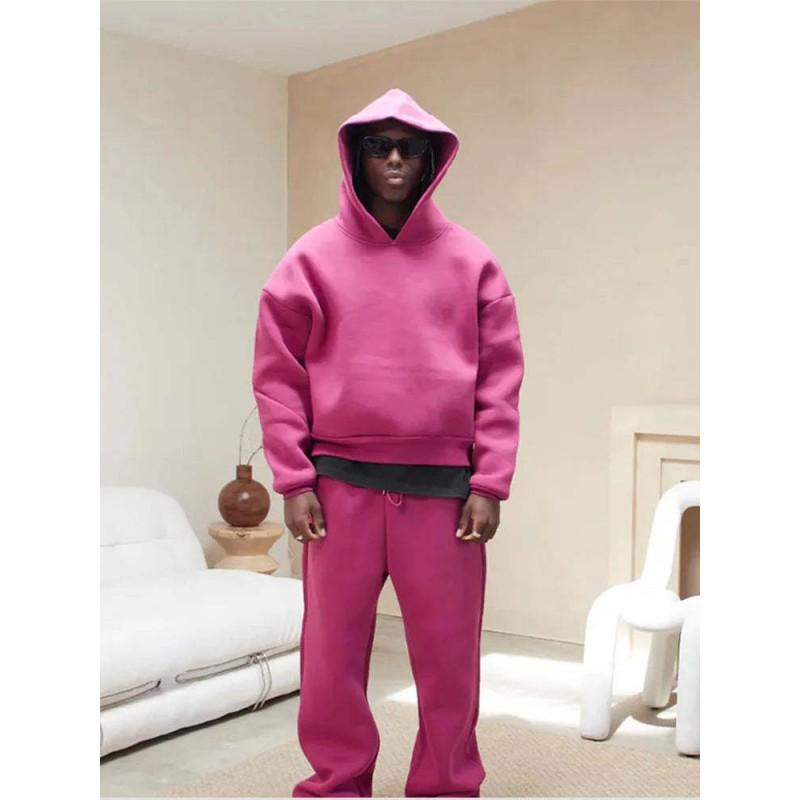 Unisex Oversized Hooded Sweatshirt Matching Joggers Set Solid Color Streetwear Casual Lounge Wear