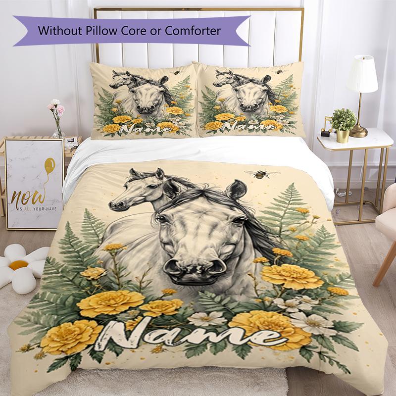 3pcs Custom Name Horse Bedding Set Duvet Cover Closure Includes 1 Duvet Cover & 2 Pillowcases, Soft and Comfortable for All Seasons.