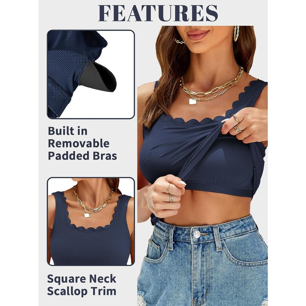 Attraco Built In Bras Tank Top for Women Square Neck Scallop Trim Camisole Summer Sleeveless Ribbed Cami Top