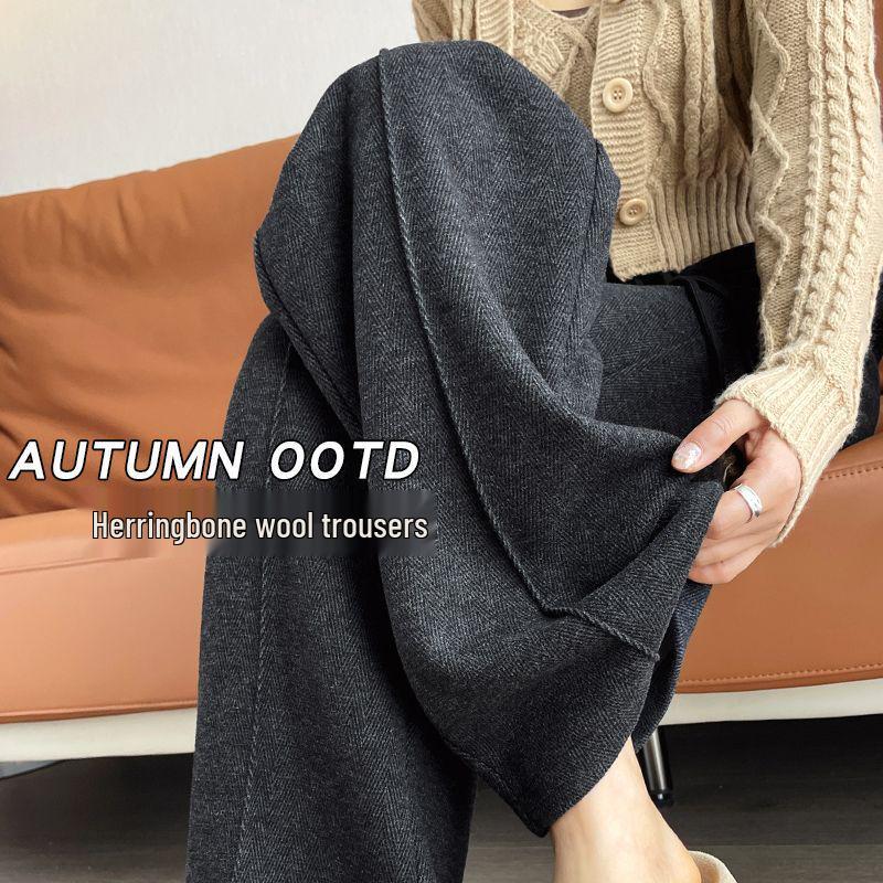 

Women s Dark Gray Herringbone Wool Wide-Leg Pants 2024: High-Waisted, Plus Velvet, Slimming, Narrow-Leg. M