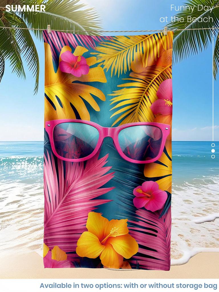 Vibrant Tropical Sunglasses and Hibiscus Print Quick Dry Lightweight Breathable Comfortable Beach Towel Summer Pool Outdoor Use