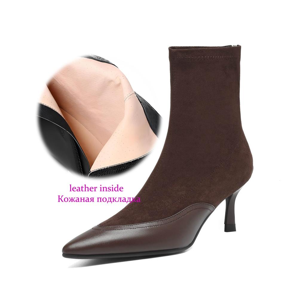 Krazing Pot Flock Pointed Toe Thin High Heels Modern Boots Size 42 Zip Patch Work Women Elastic Ankle Boots