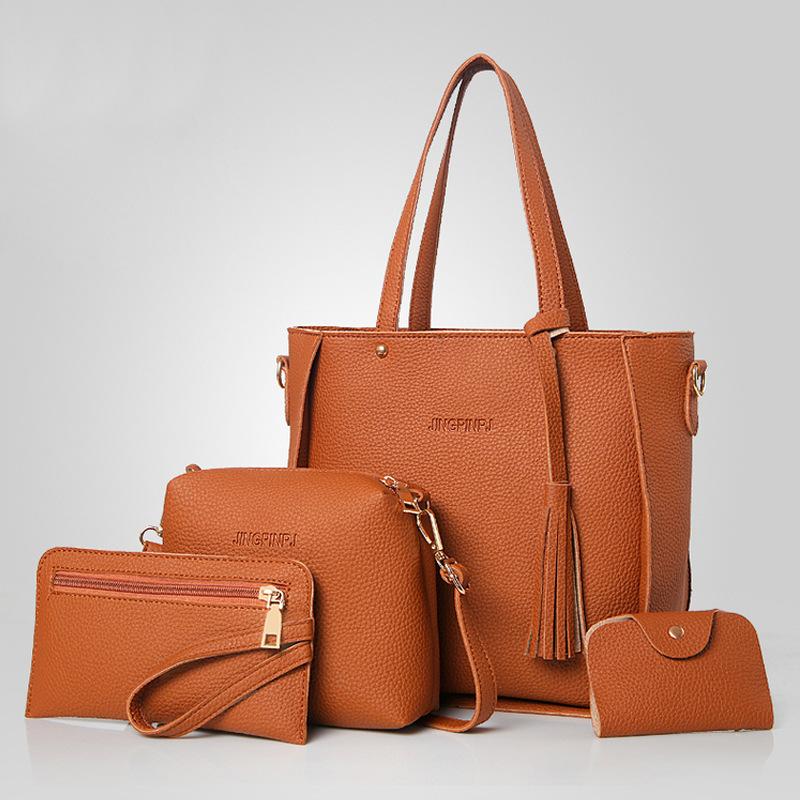 New Lychee Pattern Mother and Child Bag Four-piece Set Bucket Bag Fringed Shoulder Bag Handbag Women's Bag Large Bag Messenger Bag