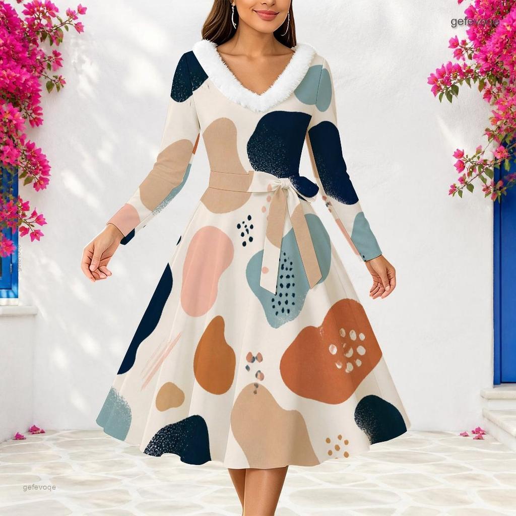 Women S Plus Size Furry Trim V Neck Long Sleeve Abstract Print A Line Midi Dress