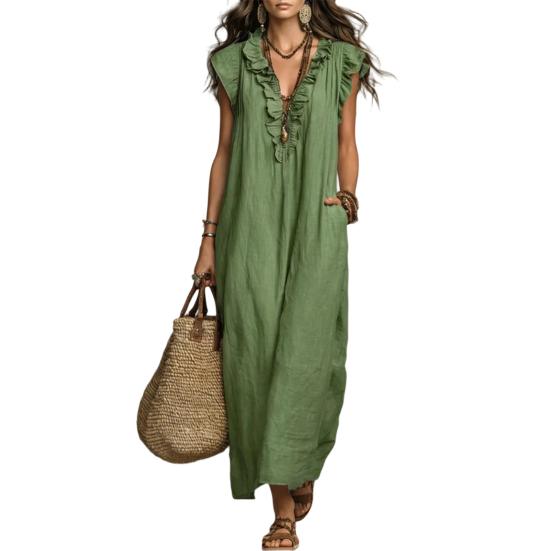 

Summer Sleeveless Maxi Dress for Women Casual Deep V Neck Ruffle Long Dress Boho Beach Flowy Sundress with Pockets XL армия зеленый