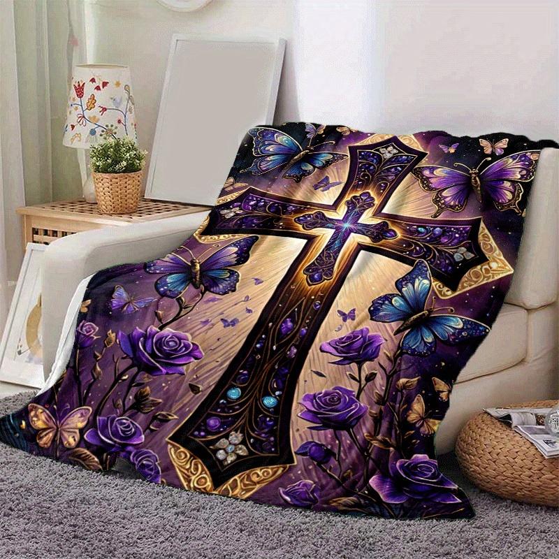 1pc Purple Butterfly Rose Cross Printing Lightweight Flannel Blanket, Comfortable and Warm Blanket, Camping Sofa Bed and Couch Office, Gift