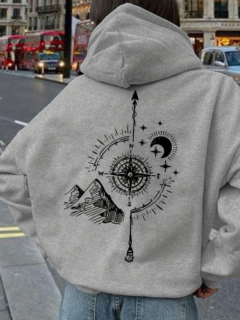 Women Compass Print Hoodie Unisex Autumn Winter Hooded Everyday Outdoors Hoodie for Any Occasion
