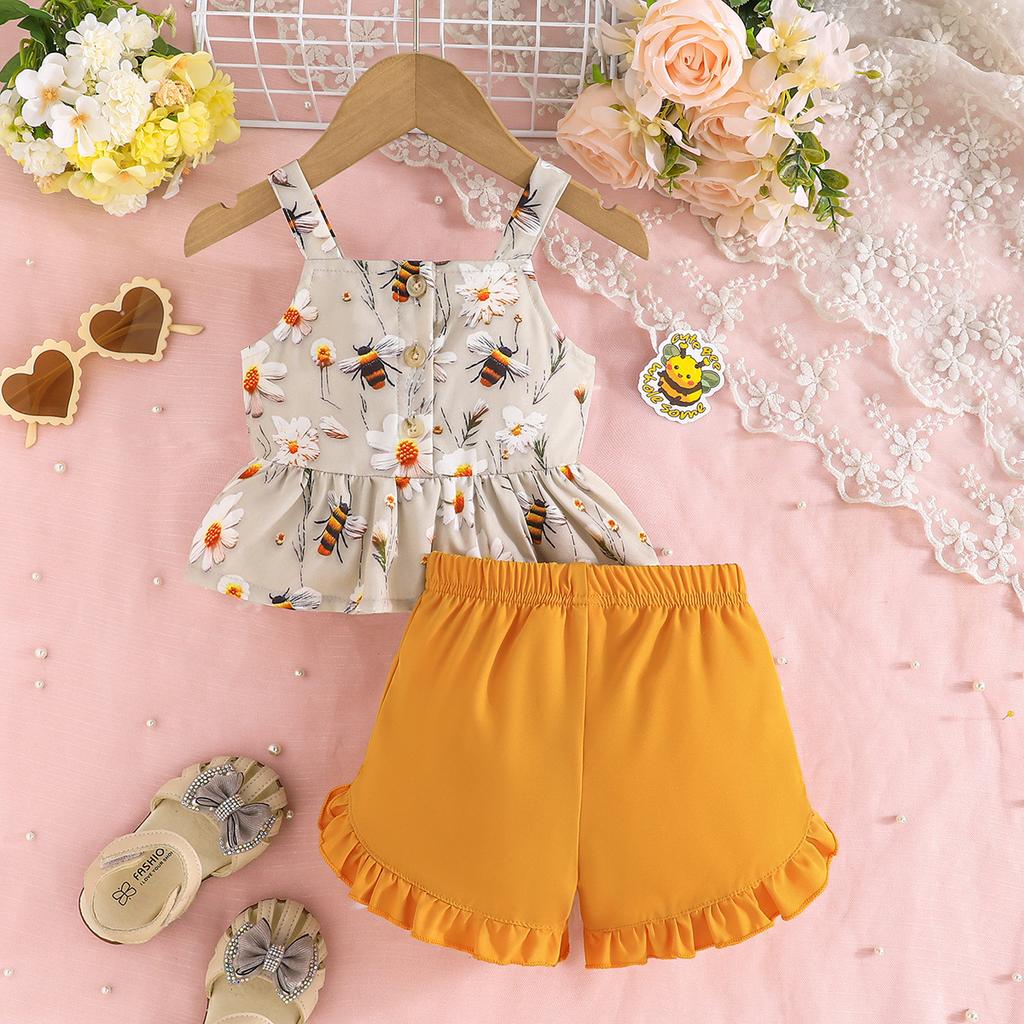 Mädchen Mode Set 2025 Sommer Kinder Lässig Niedlich Blume Große Schleife Neckholder Top + Einfarbige Shorts Set