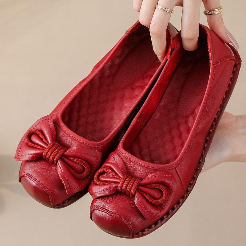 Fashion New Cow Leather Shoes Woman Luxury Bowknot Ballet Flats Women's Shallow Slip On Moccasins Mother Comfortable Autumn Flats Shoes