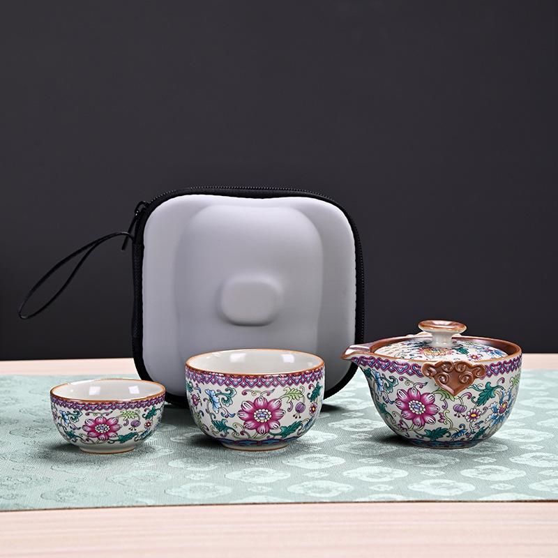 Palace Style Travel Tea Set, One Pot and Two Cups, Outdoor Portable Set, the Whole Set of Ru Kiln Kuaike Cup, Teapot, Teacup Gift.
