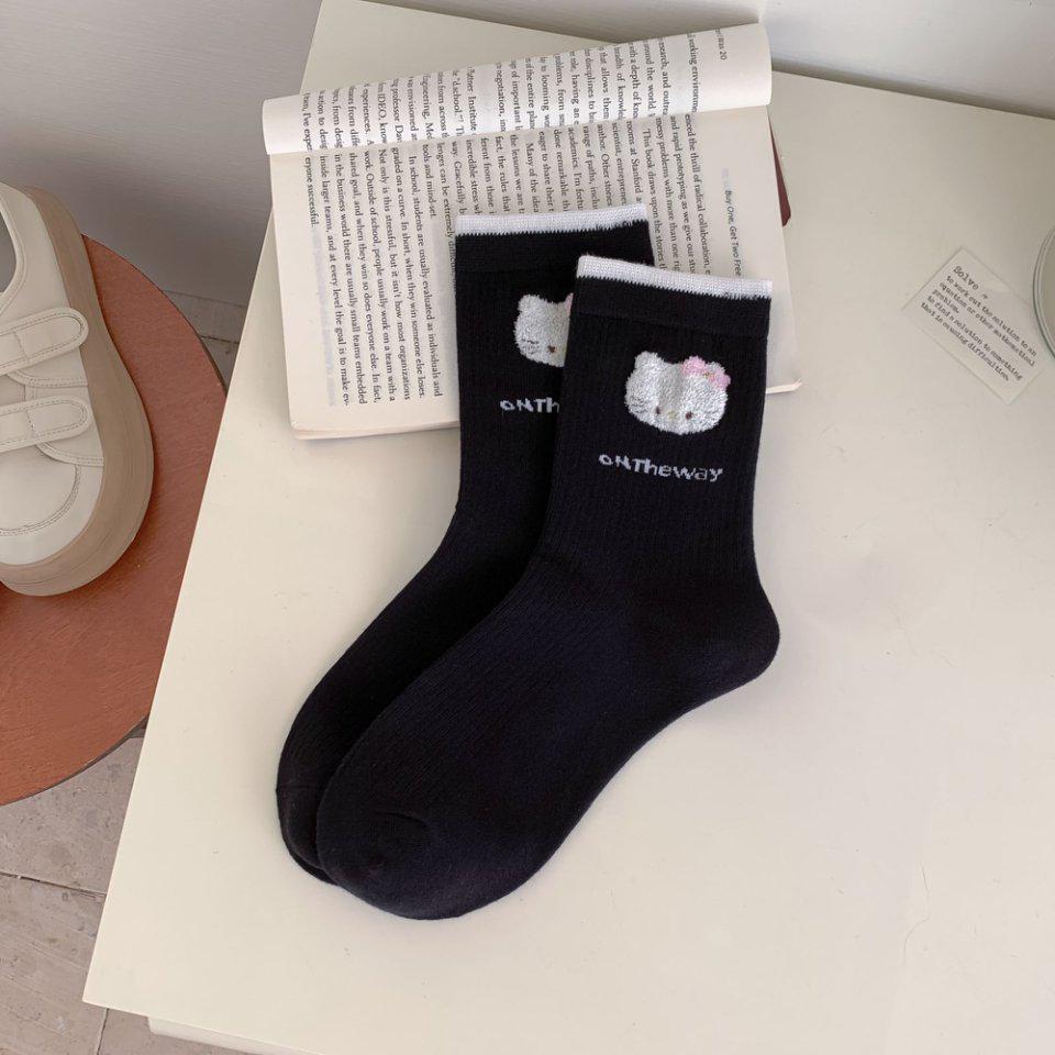 Cotton Cat Socks: Women's Mid-Calf, Spring/Autumn, Japanese & Korean Preppy Styles, Flocked Pile, Long Socks.