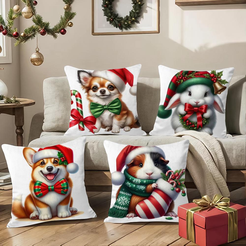 Christmas Atmosphere Animals Pillow Case Silky Short Plush with Invisible Zipper Dustproof Sofa Cushion Cover for Home Decor