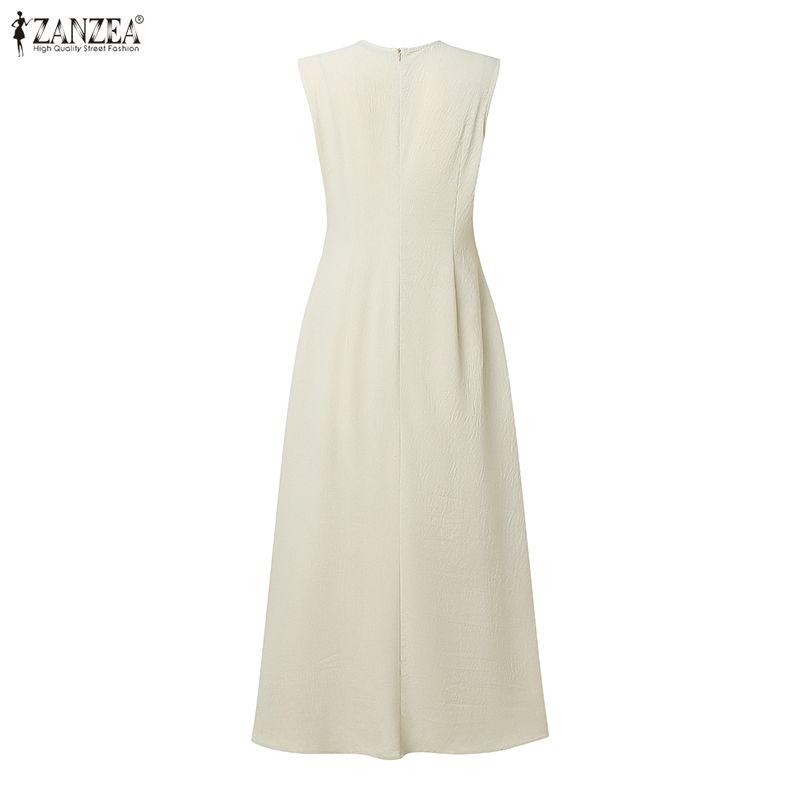 ZANZEA Women Casual Round Neck Solid Color Sleeveless Long Dress