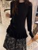 Women's Ballet Style Long Sleeve Lace Hem T-Shirt for Autumn/Winter - Chic Slim Fit Base Layer Top